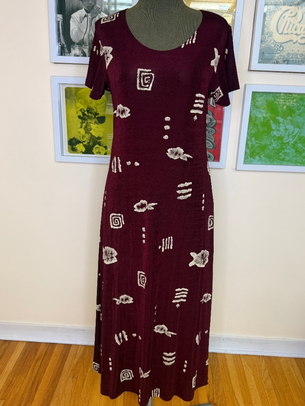 Vintage 90s Burgundy Abstract Print Maxi Dress – Minimalist Soft Grunge Slip